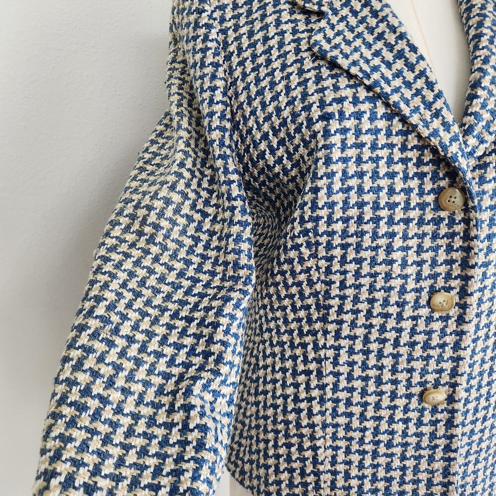 Vintage 90s Houndstooth Tweed Blazer Jacket Cream Blue 3 Button Long Sleeve L - Picture 5 of 13